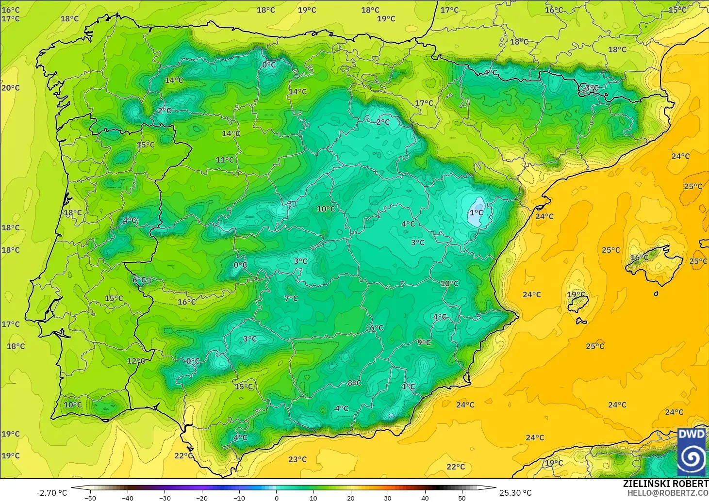 ICON model - Spain, Dewpoint at 2m