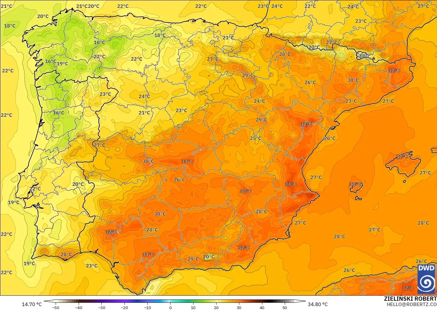 ICON model - Spain, Temperature at 2m