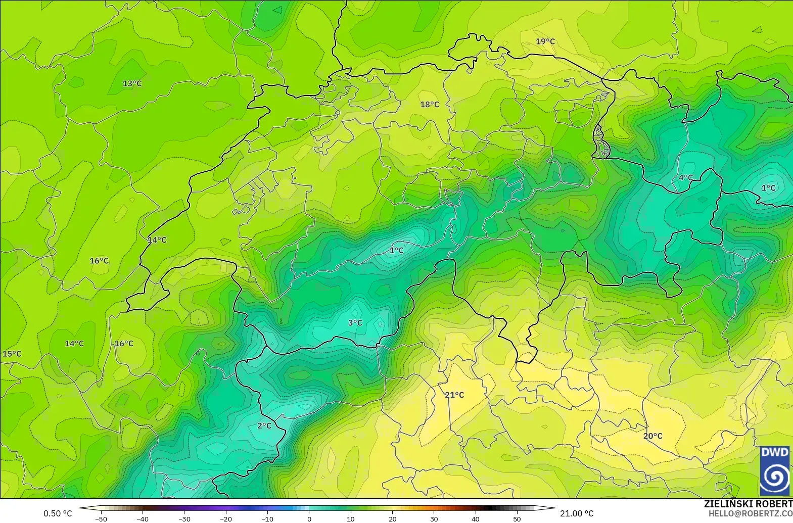 ICON model - Switzerland, Dewpoint at 2m