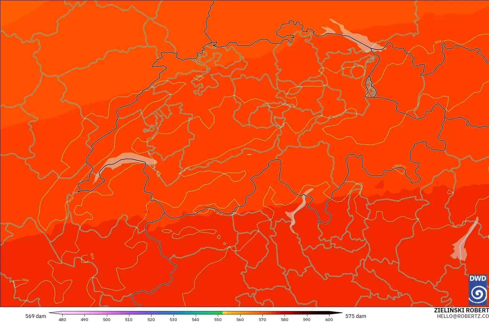 ICON model - Switzerland, Geopotential height at 500hPa
