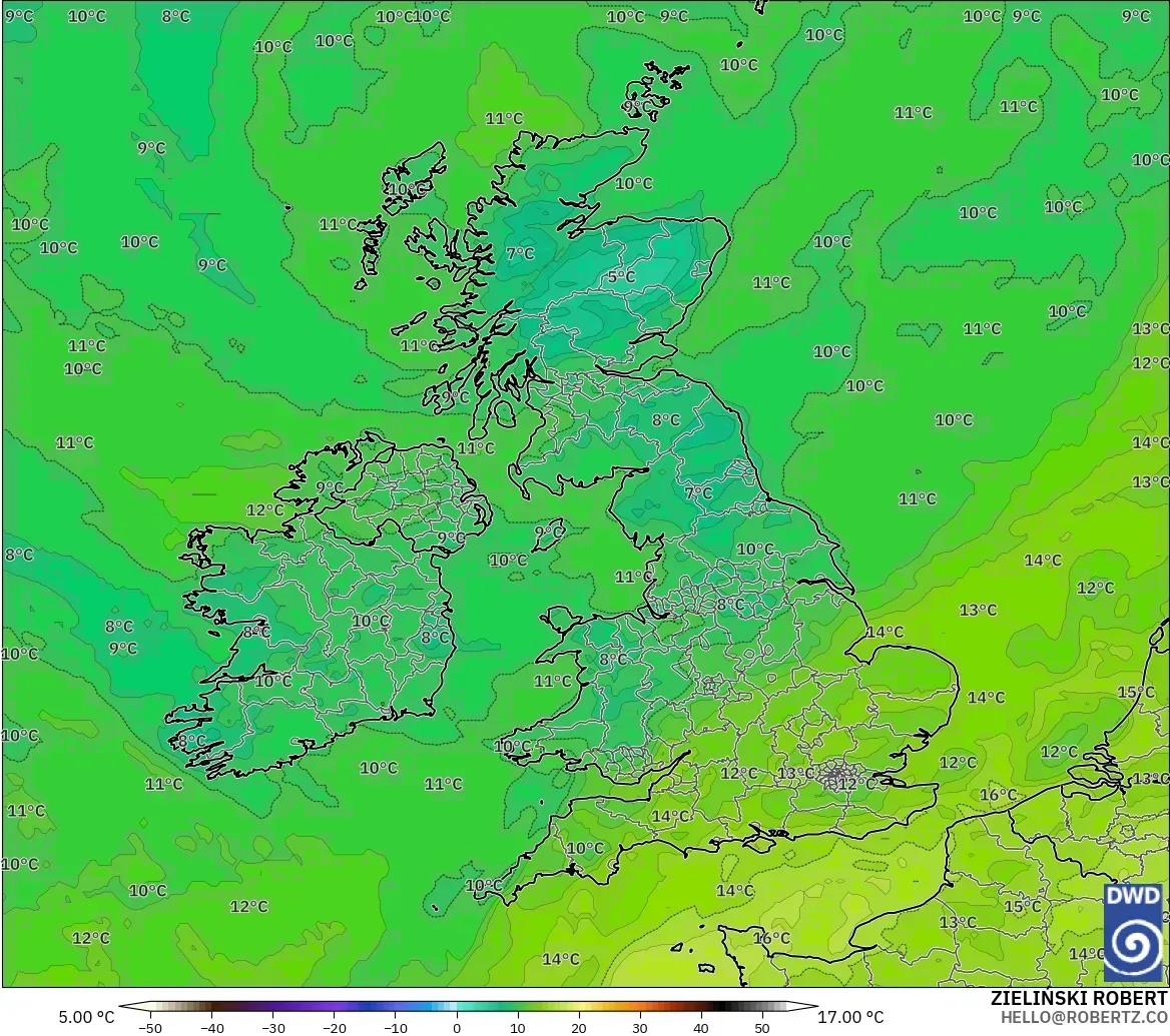 ICON model - United Kingdom, Dewpoint at 2m