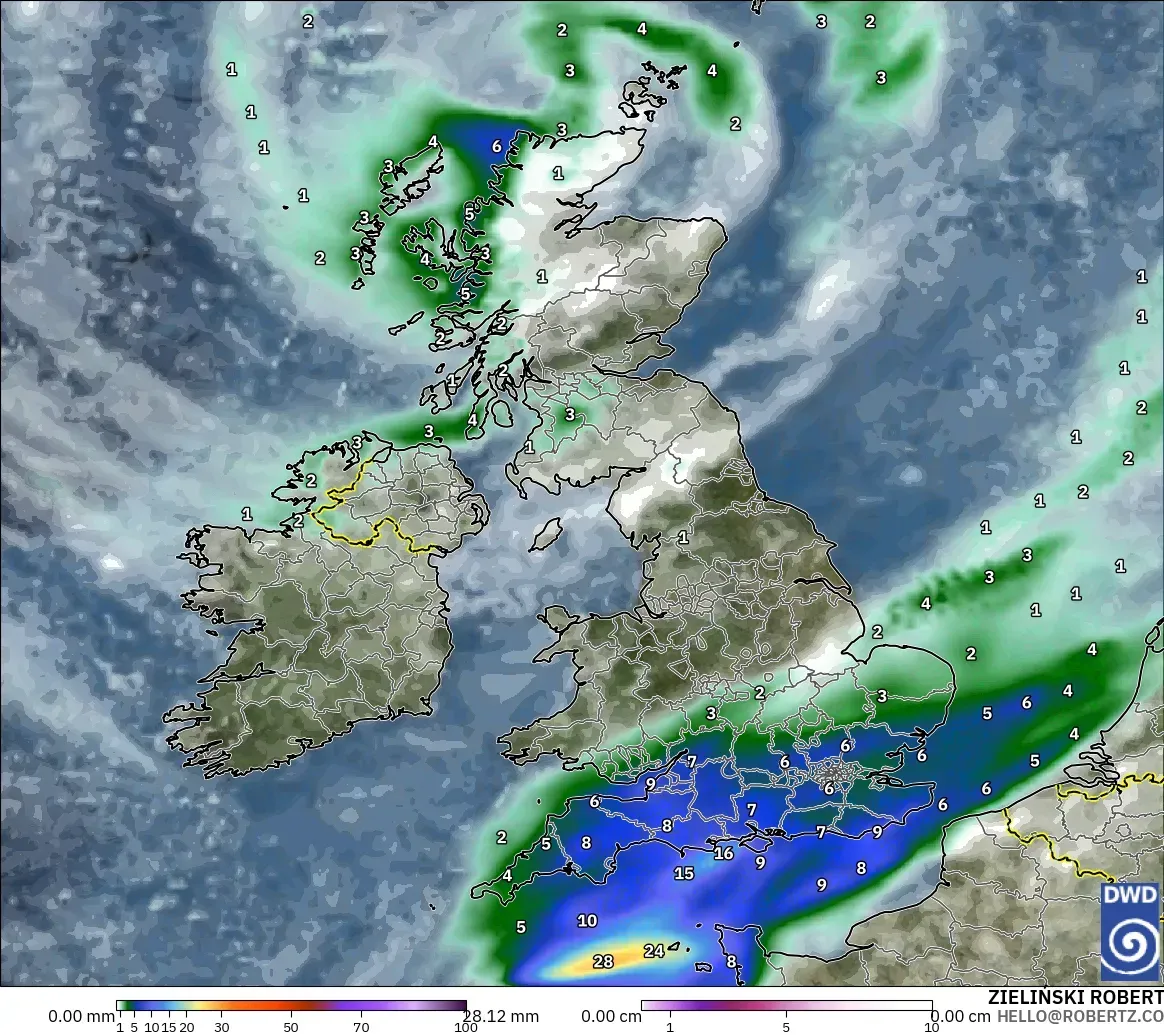 ICON model - United Kingdom, Precipitation, Clouds, and Pressure