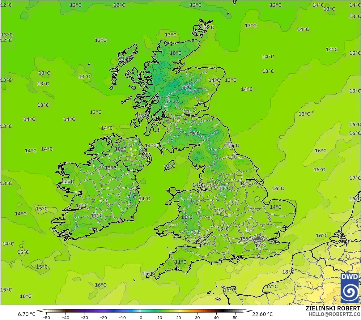 ICON model - United Kingdom, Temperature at 2m