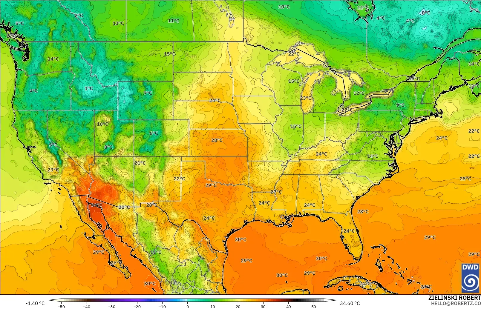 ICON model - United States, Temperature at 2m