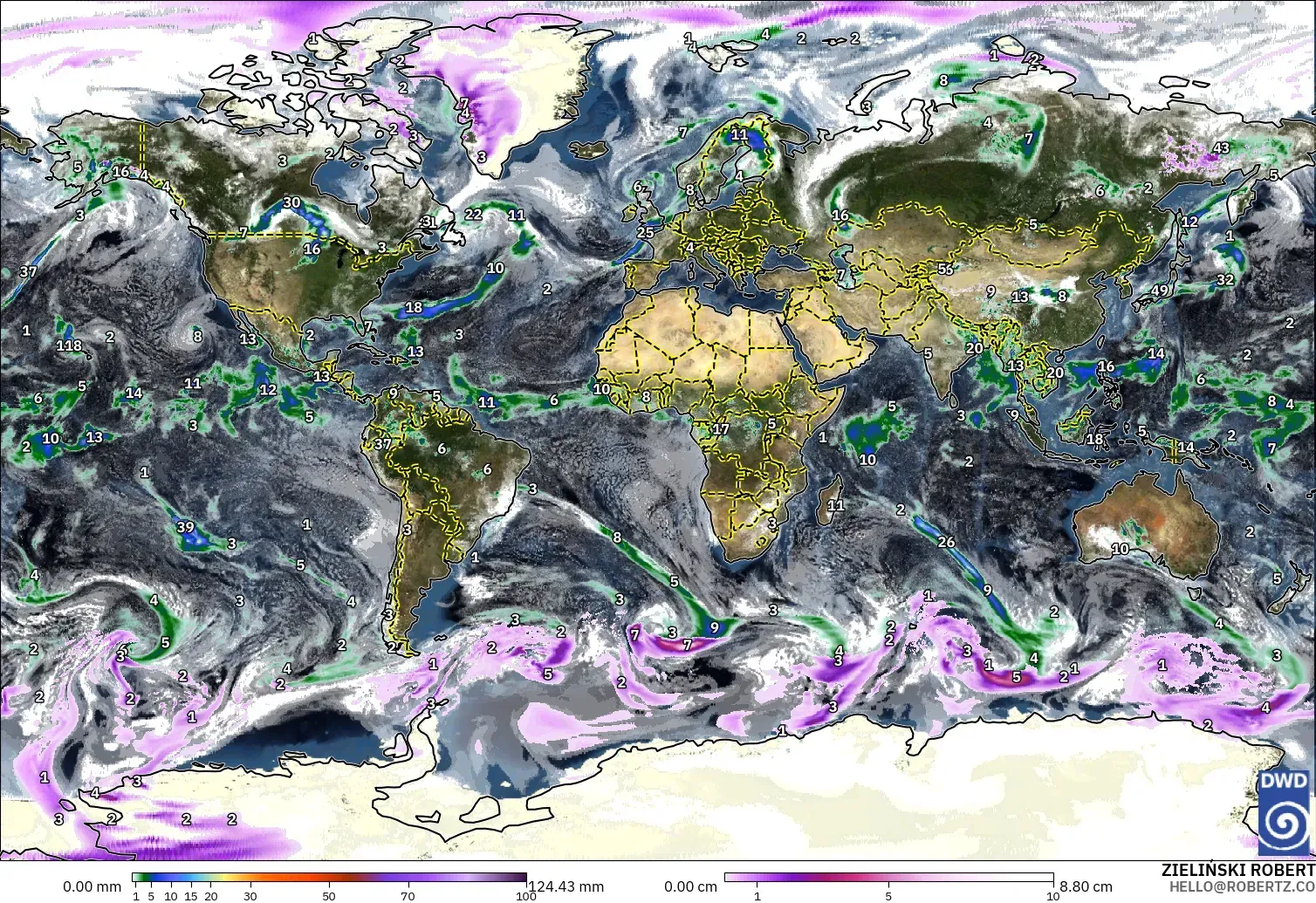 ICON model - World, Precipitation, Clouds, and Pressure