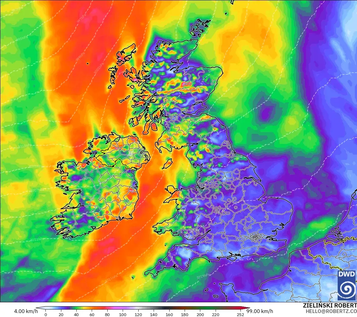 ICON model - United Kingdom, Wind Gusts