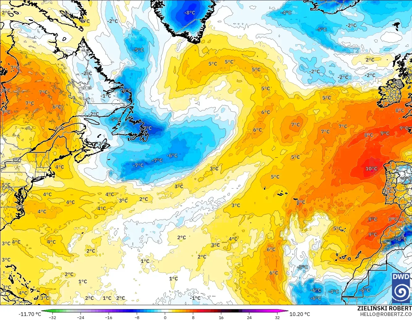 ICON model - North Atlantic, Temperature at 850hPa Anomaly