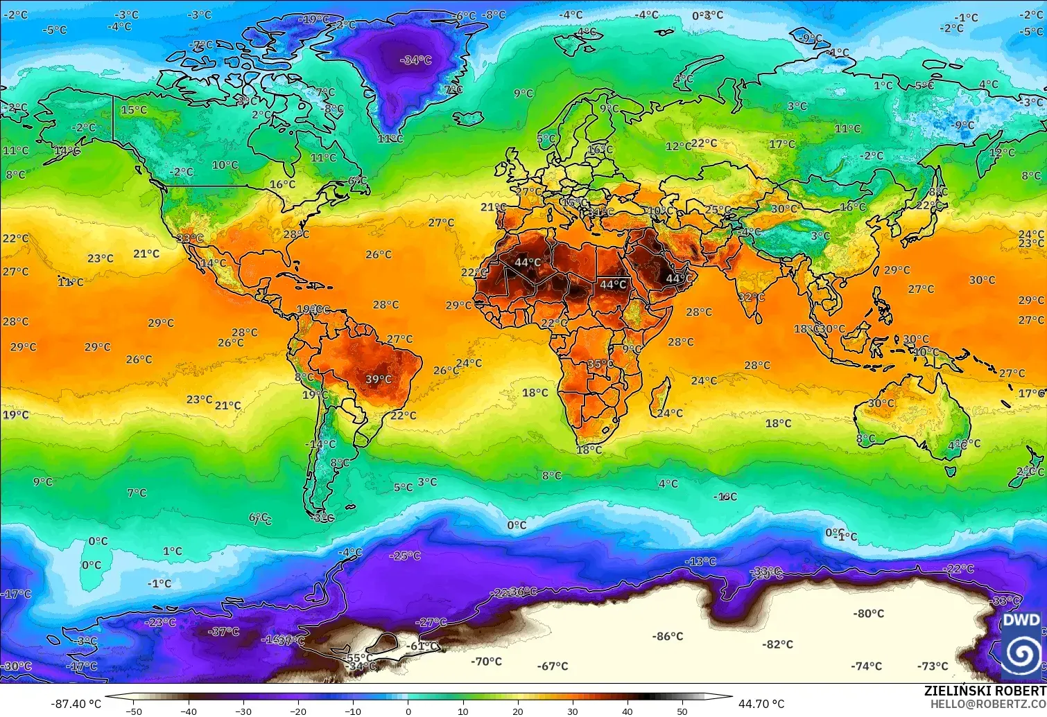 ICON model - World, Temperature at 2m