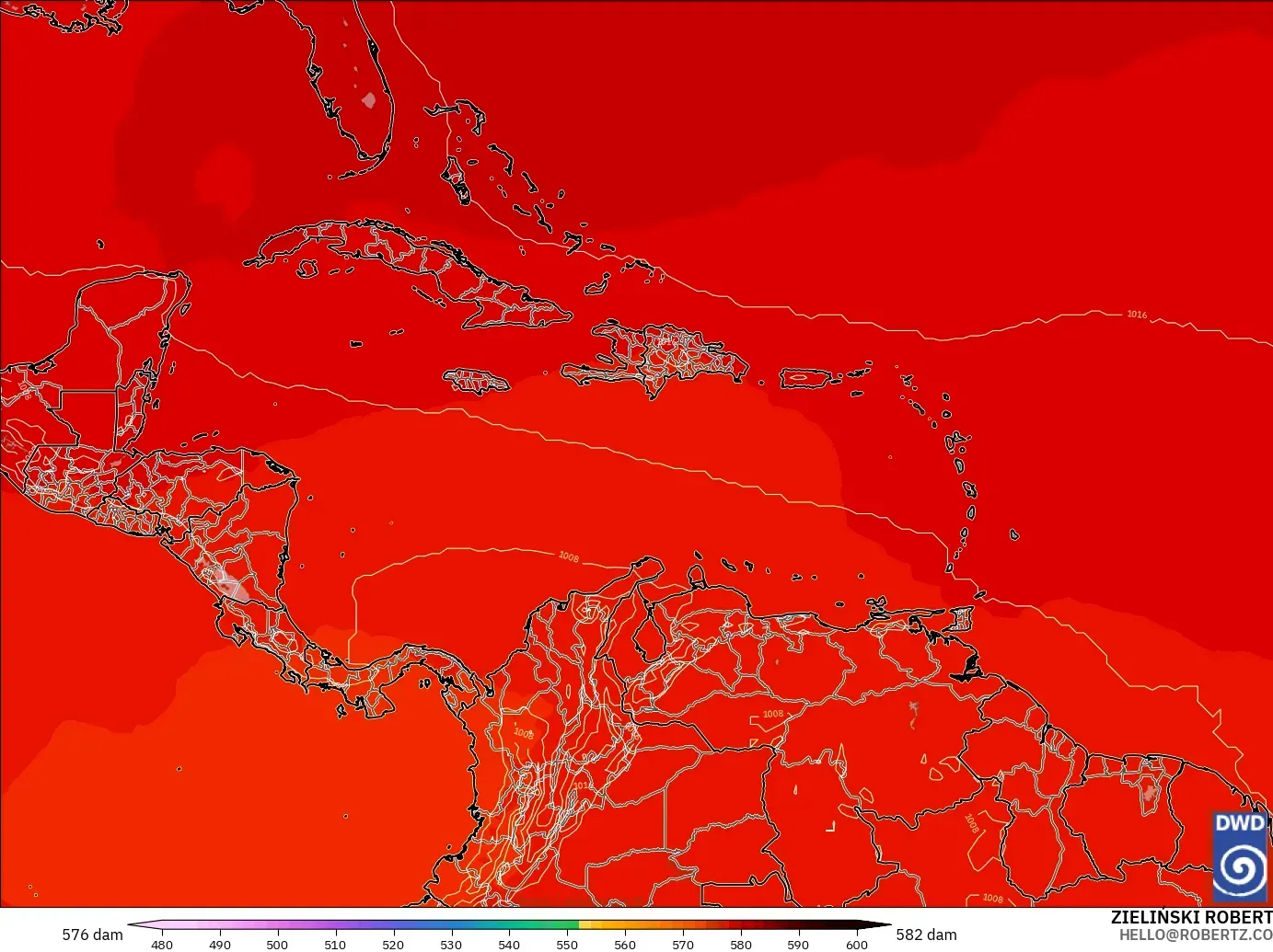ICON model - Caribbean, Geopotential height at 500hPa