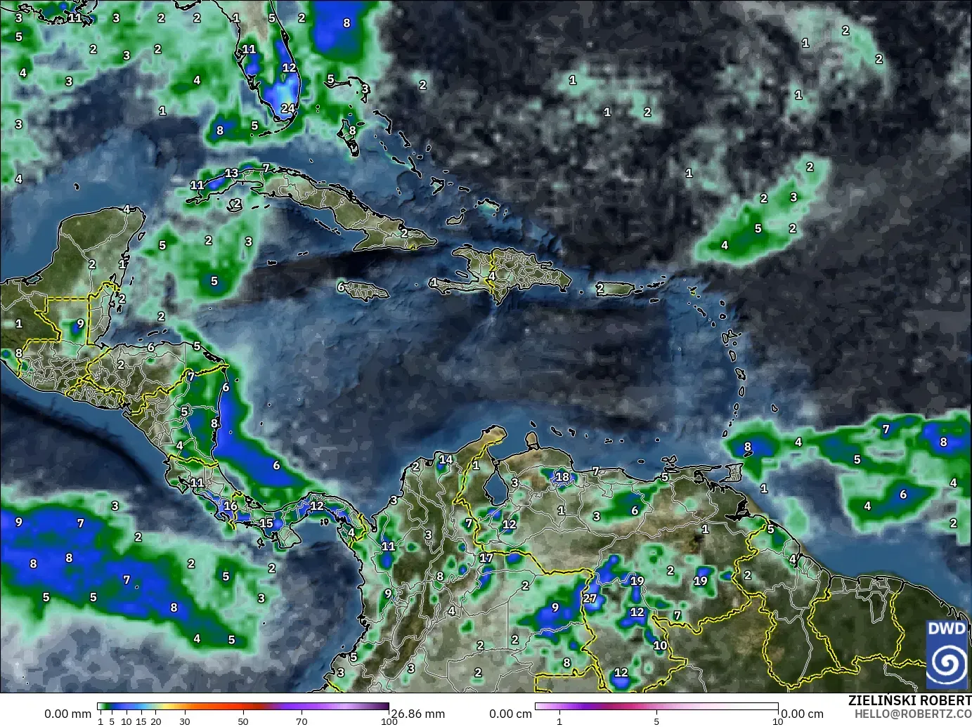 ICON model - Caribbean, Precipitation, Clouds, and Pressure