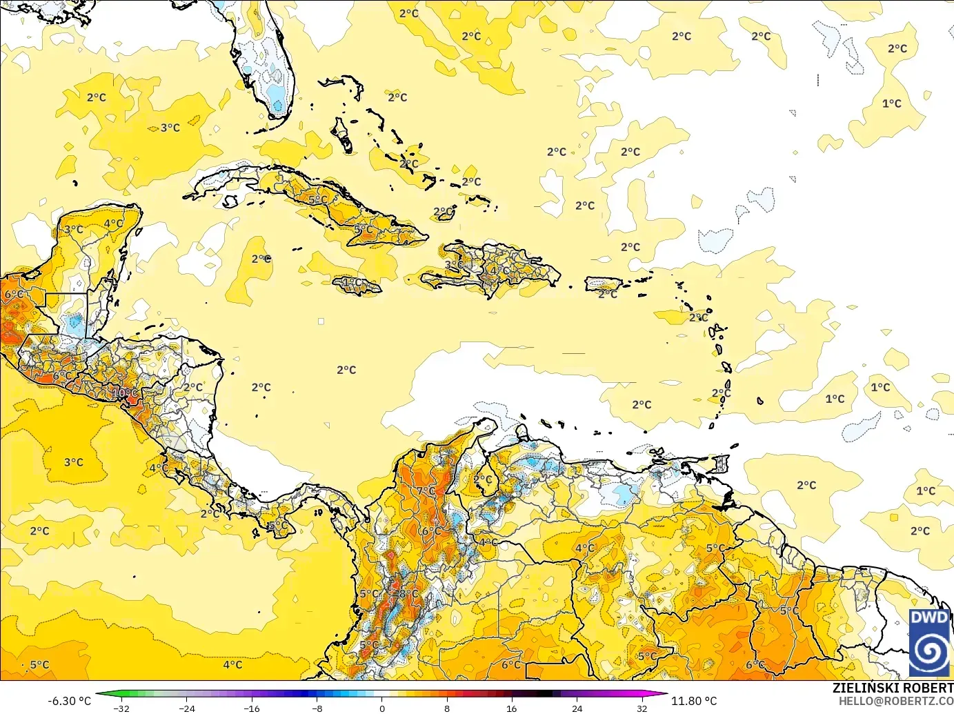 ICON model - Caribbean, Temperature at 2m Anomaly