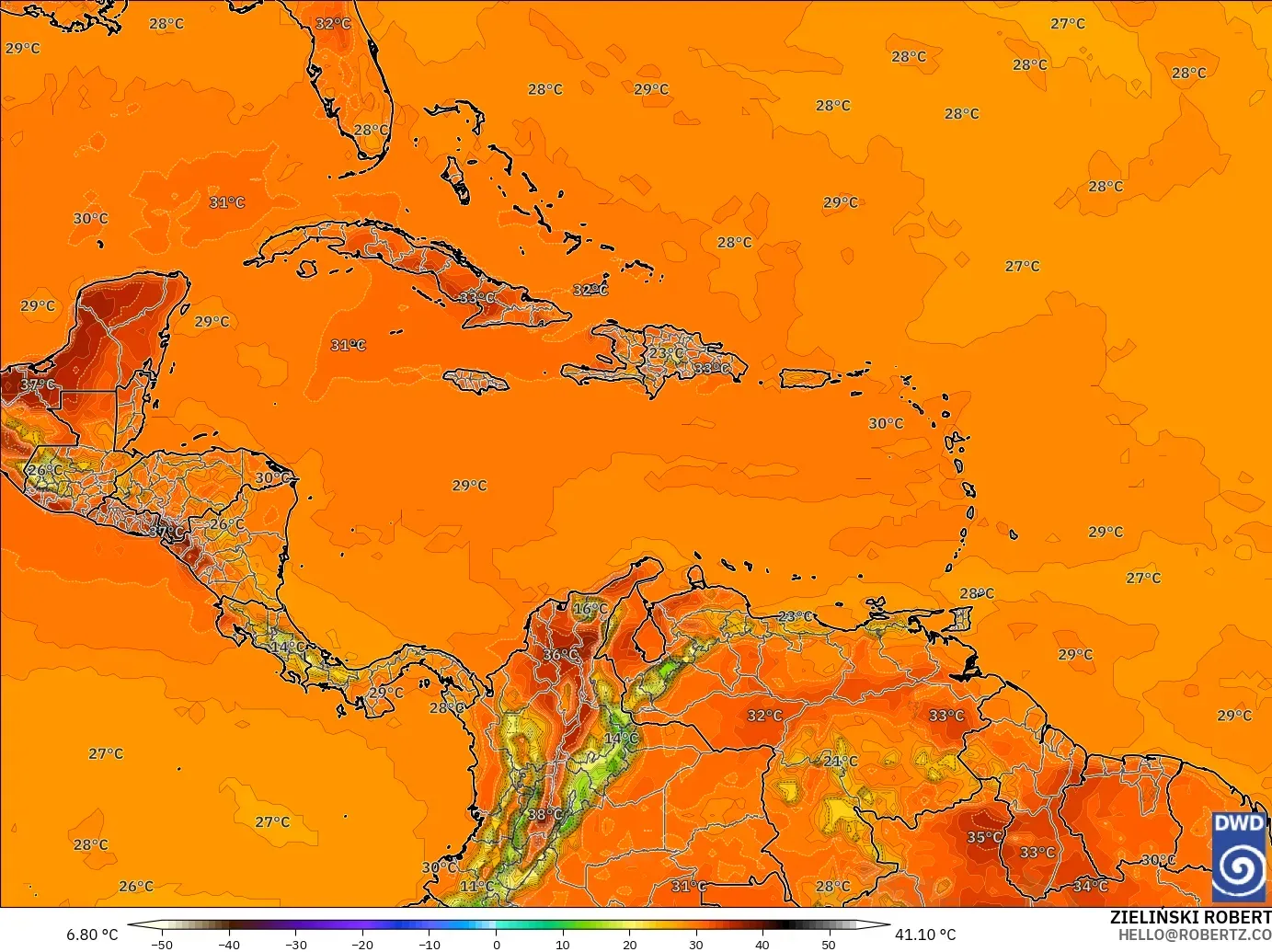 ICON model - Caribbean, Temperature at 2m