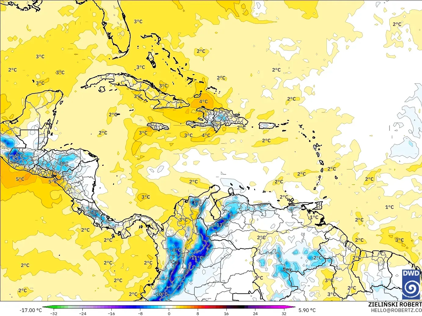 ICON model - Caribbean, Temperature at 850hPa Anomaly