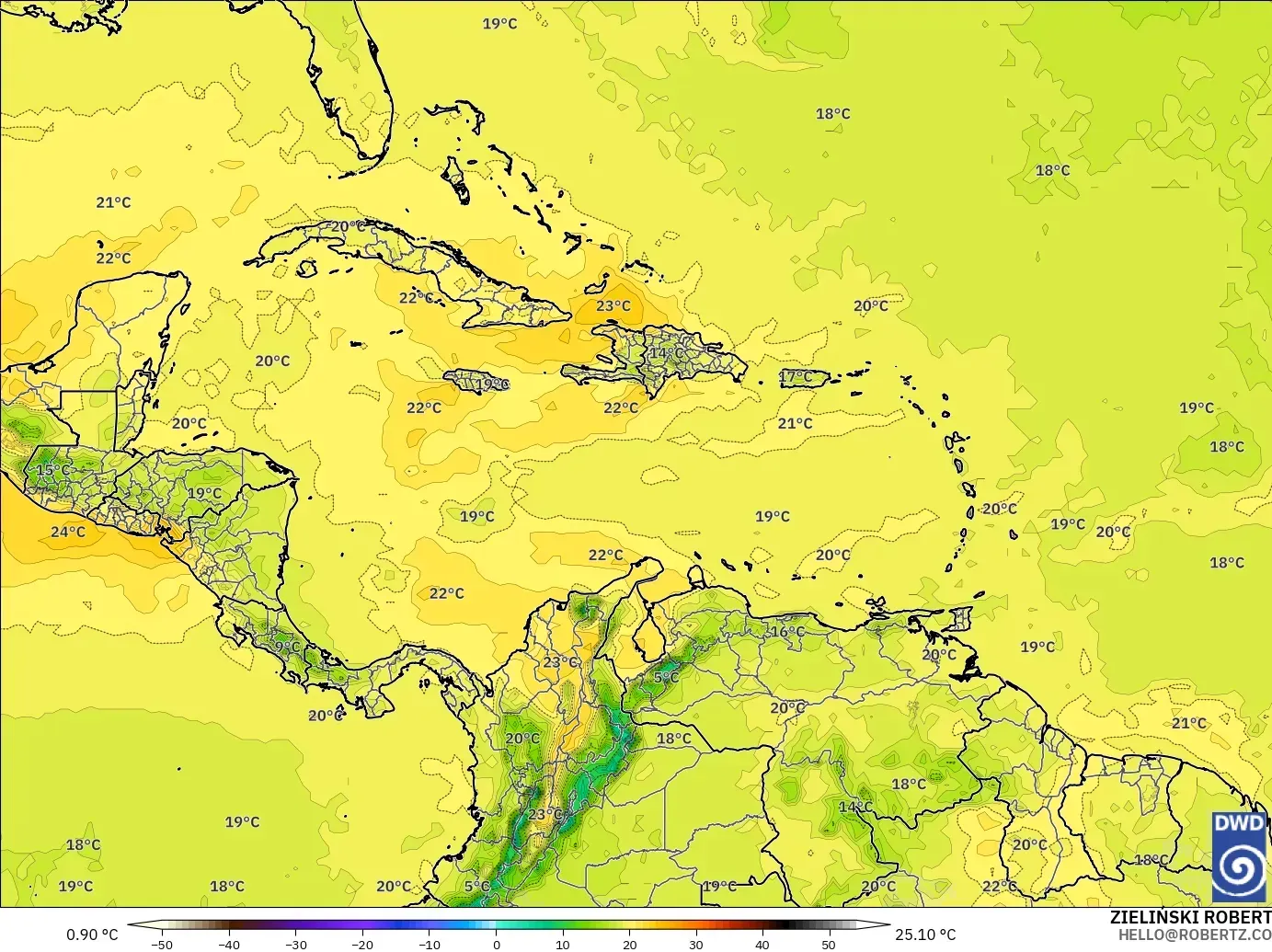 ICON model - Caribbean, Temperature at 850hPa