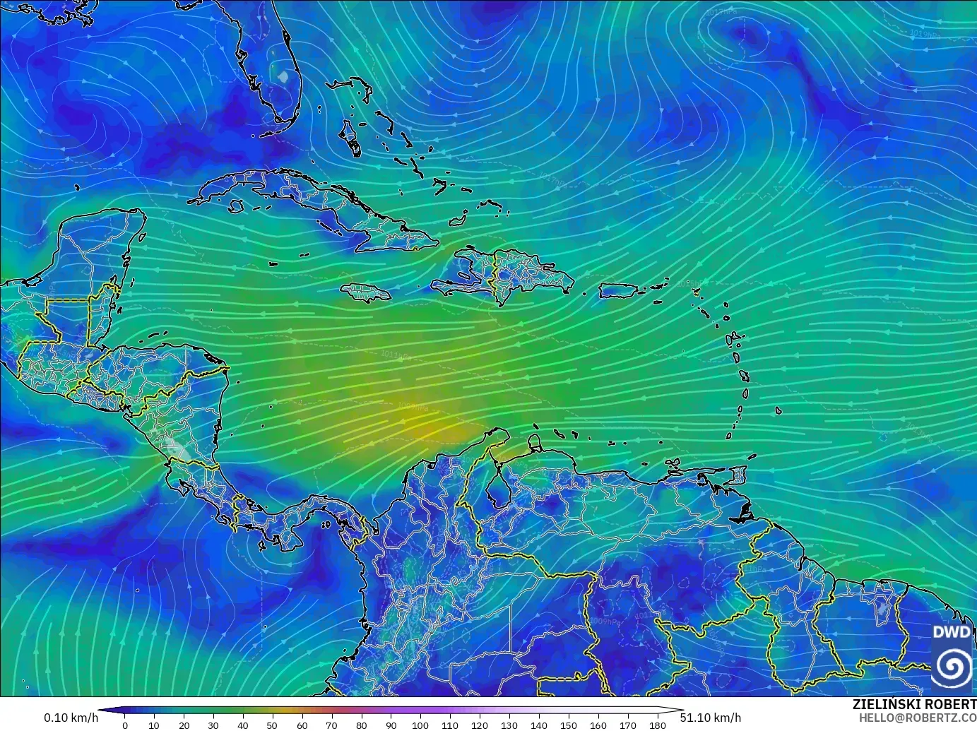 ICON model - Caribbean, Wind at 10m