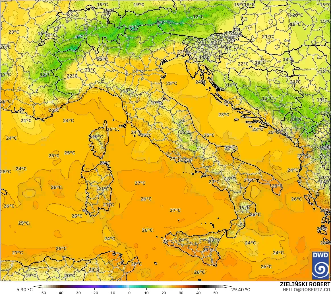 ICON model - Italy, Temperature at 2m