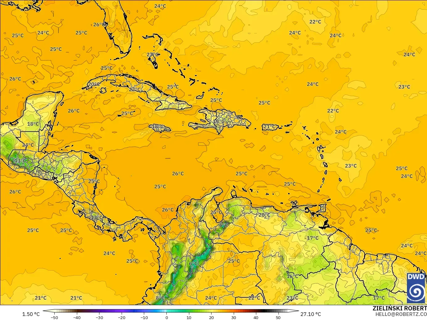 ICON model - Caribbean, Dewpoint at 2m