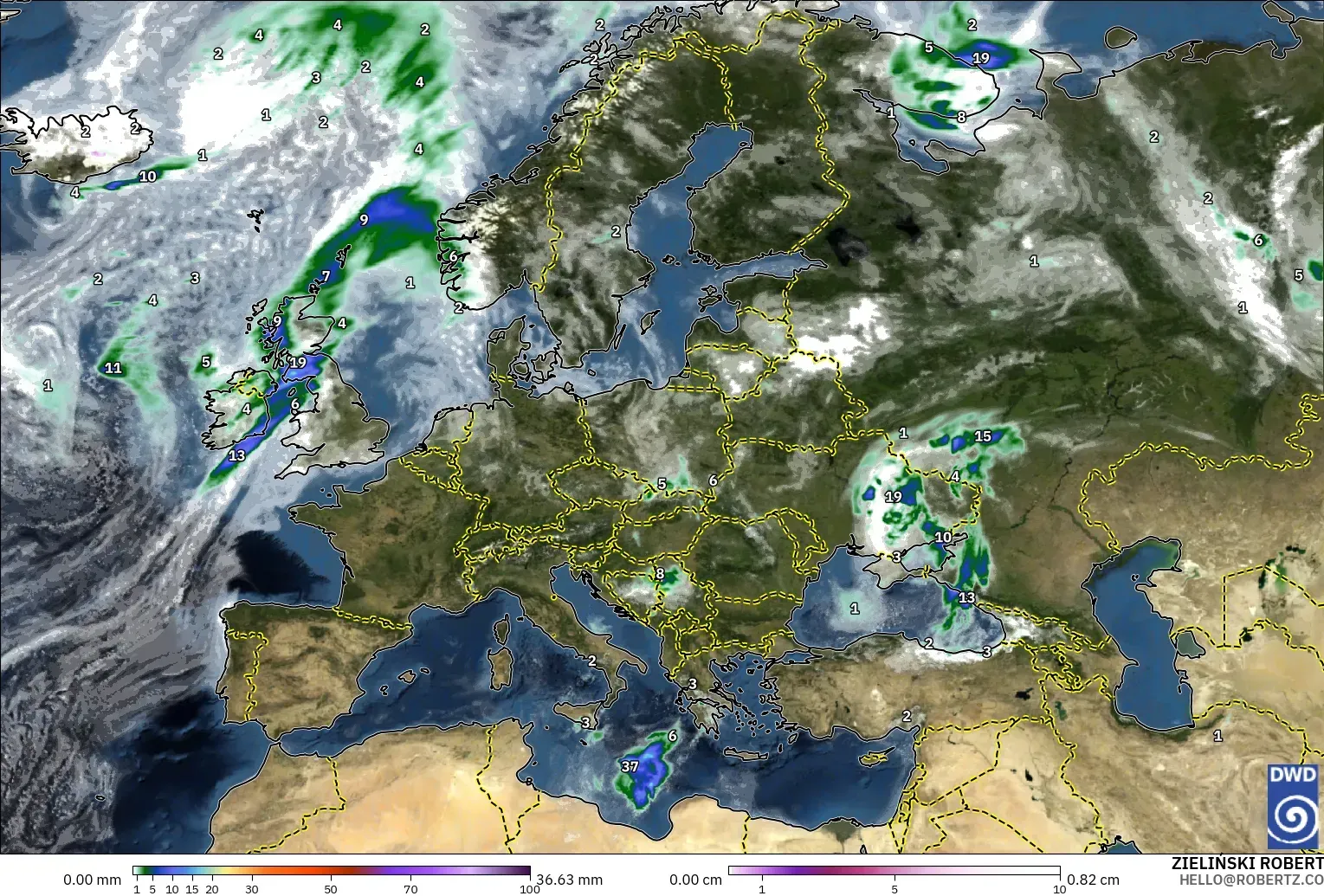 ICON model - Europe, Precipitation, Clouds, and Pressure