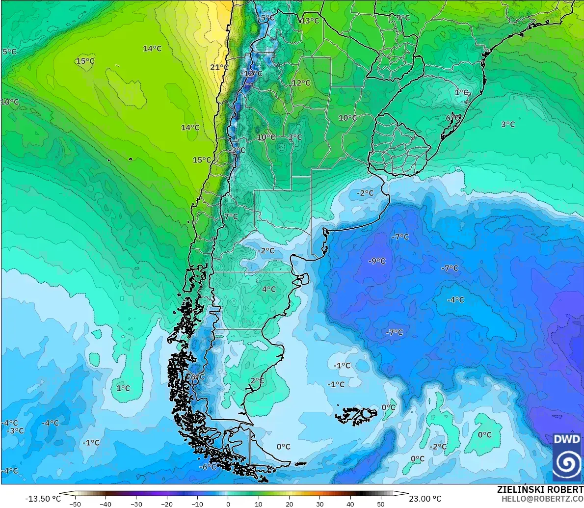 ICON model - Argentina, Temperature at 850hPa
