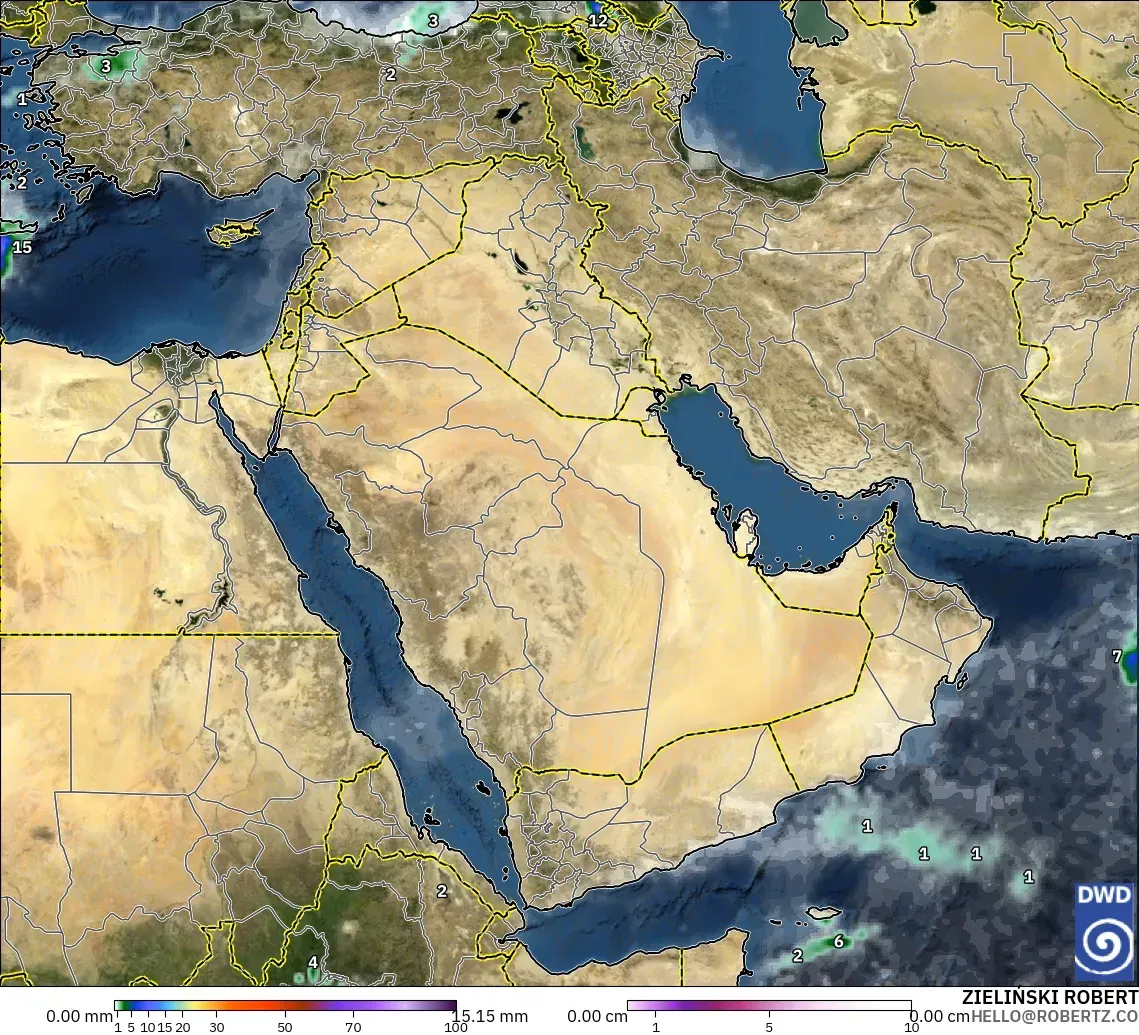 ICON model - Middle East, Precipitation, Clouds, and Pressure