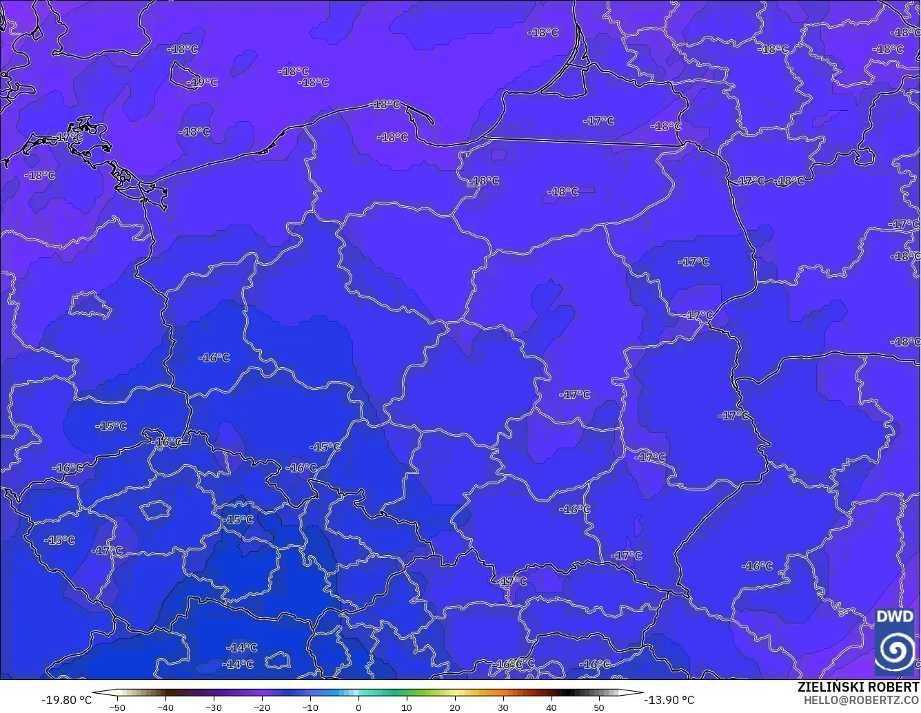 ICON model - Poland, Temperature at 500hPa