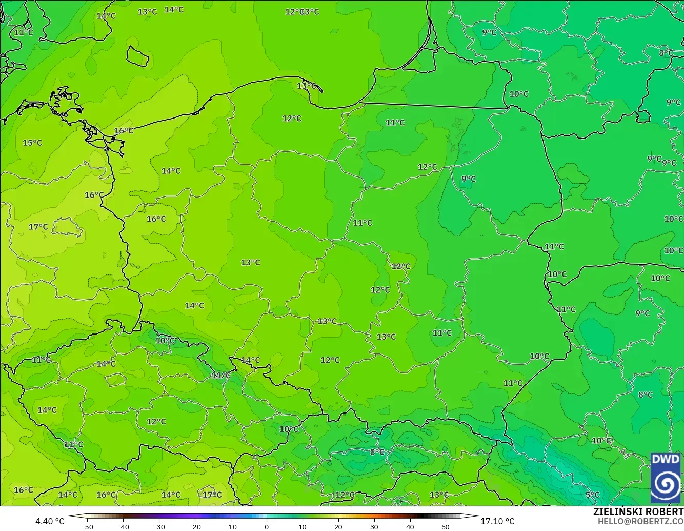 ICON model - Poland, Temperature at 850hPa