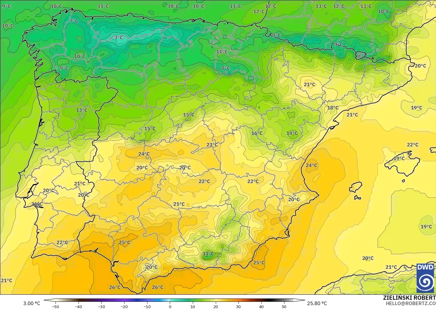 ICON model - Spain, Temperature at 850hPa