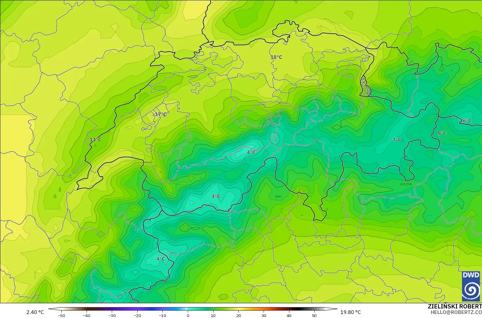 ICON model - Switzerland, Temperature at 850hPa