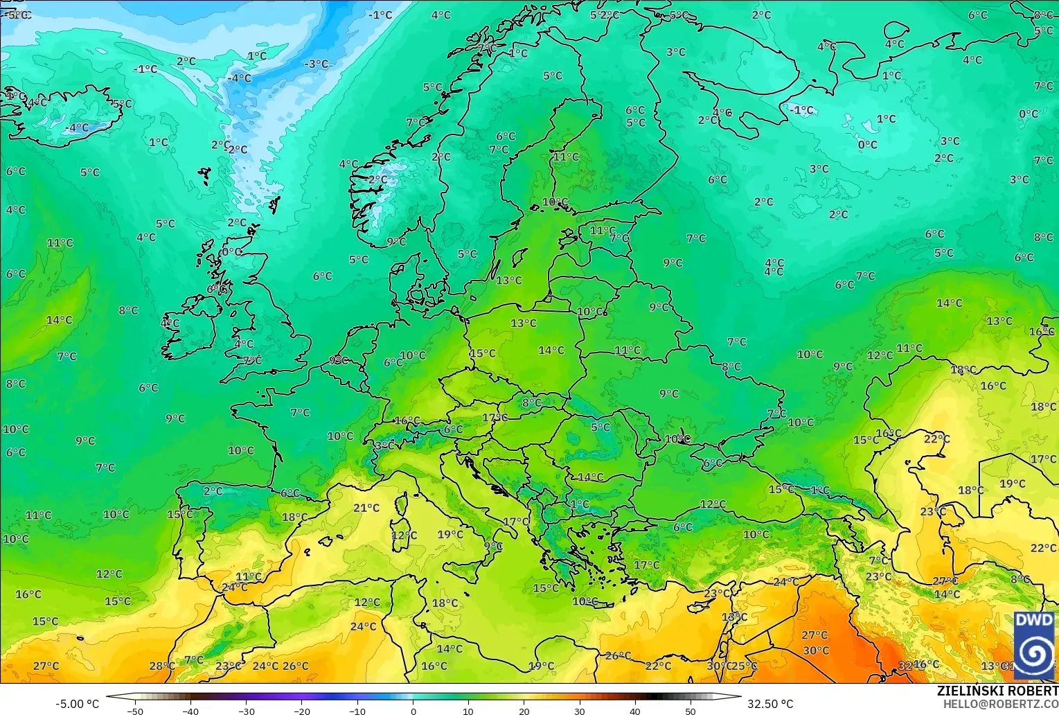 ICON model - Europe, Temperature at 850hPa