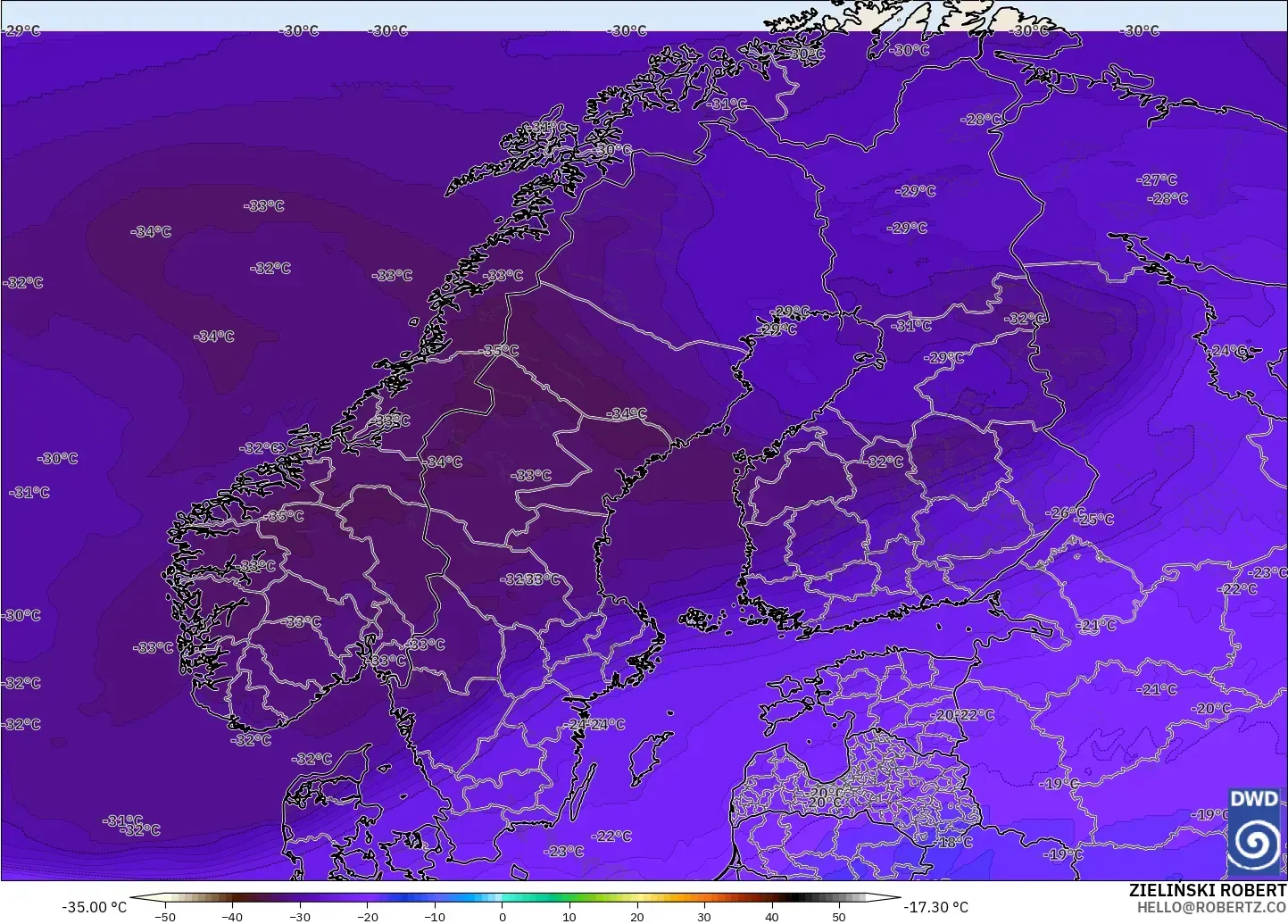 ICON model - Scandinavia, Temperature at 500hPa