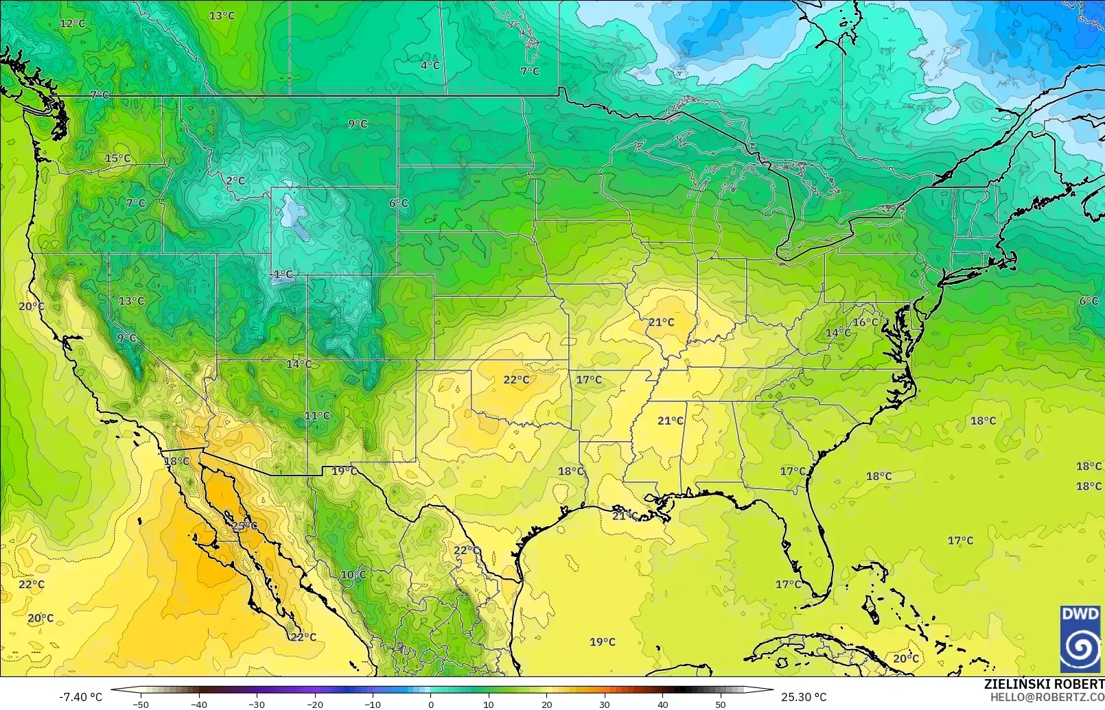 ICON model - United States, Temperature at 850hPa