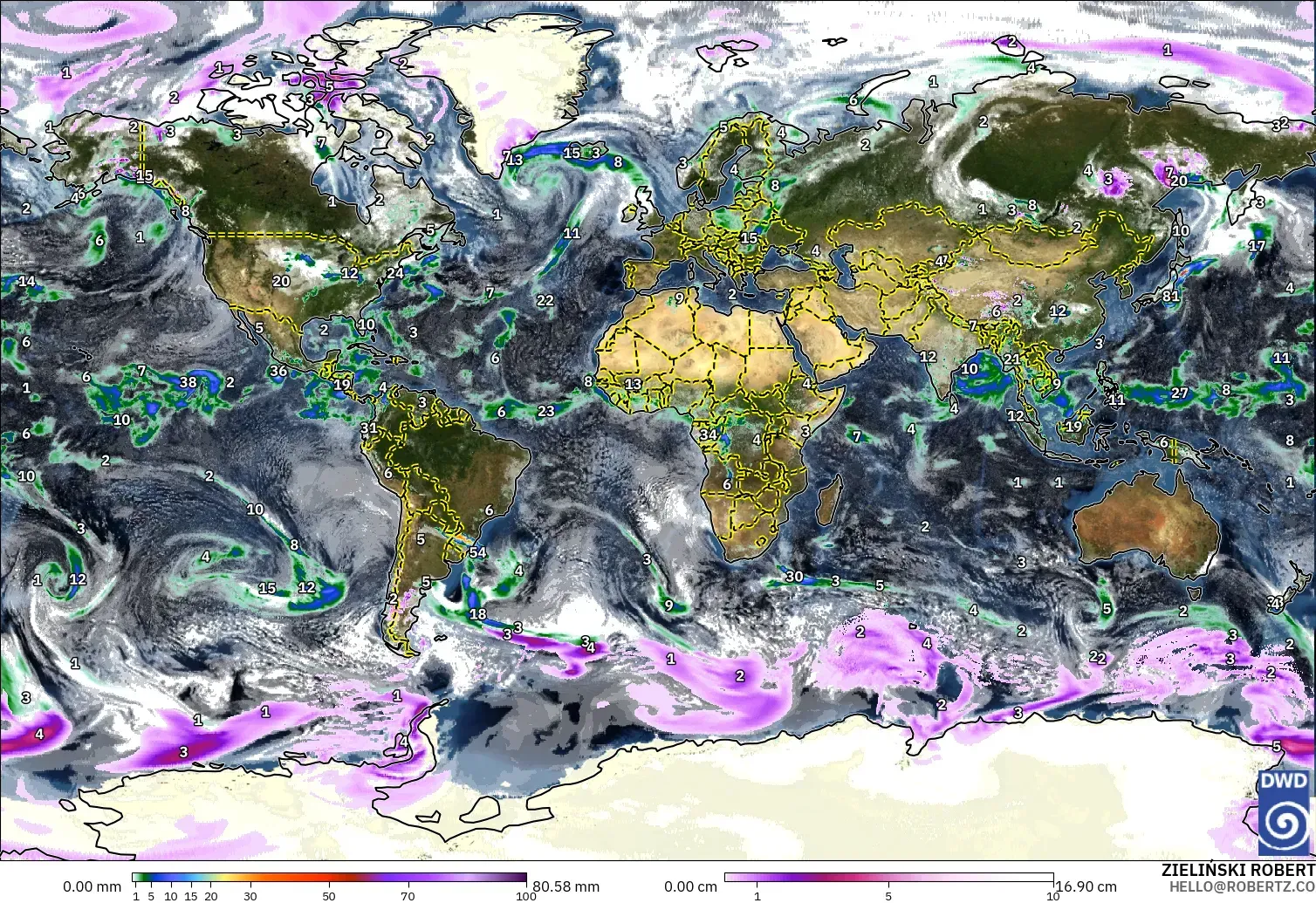 ICON model - World, Precipitation, Clouds, and Pressure