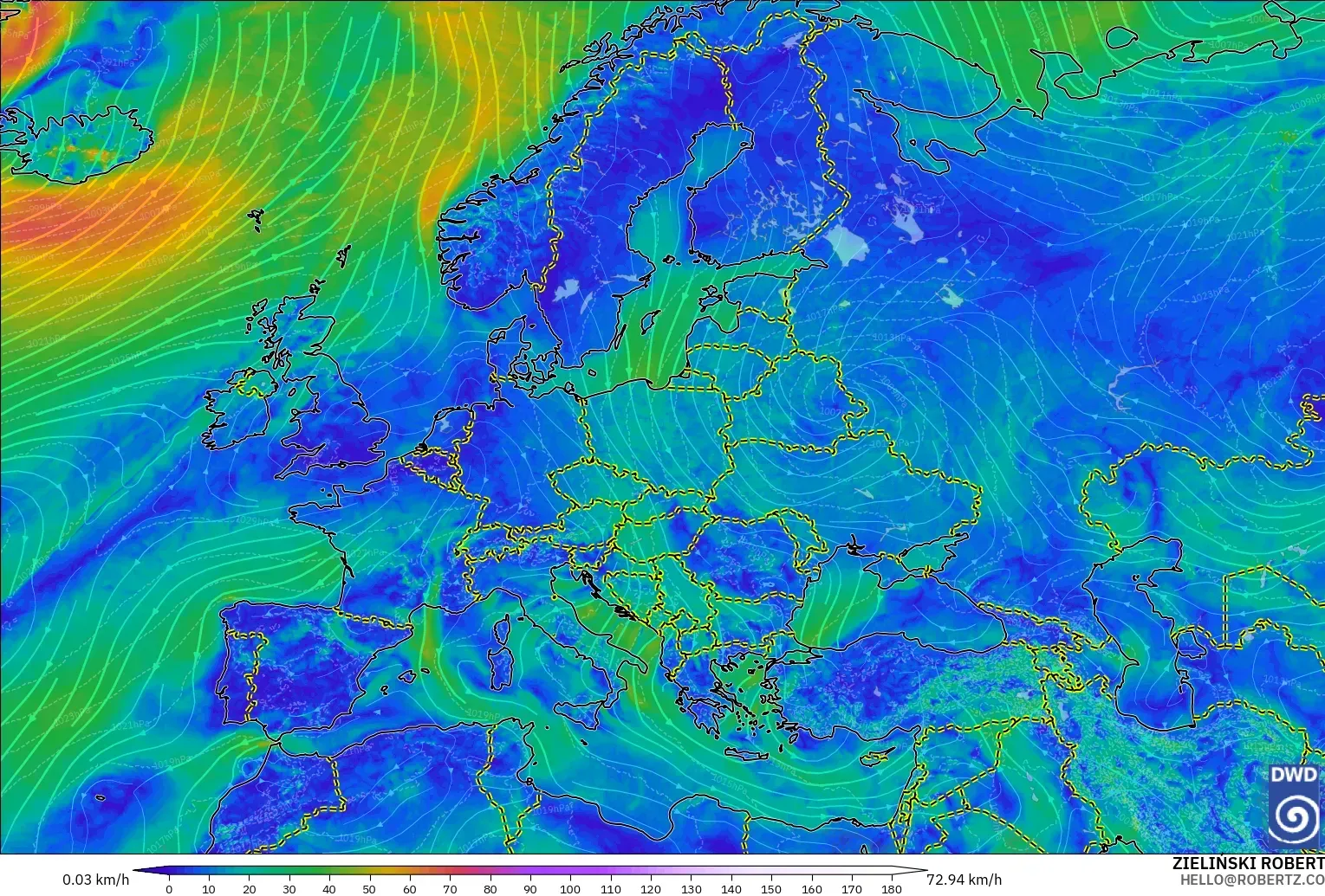 ICON model - Europe, Wind at 10m