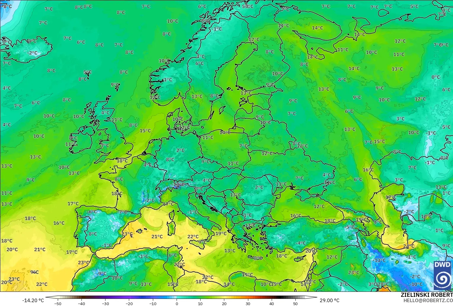 ICON model - Europe, Dewpoint at 2m