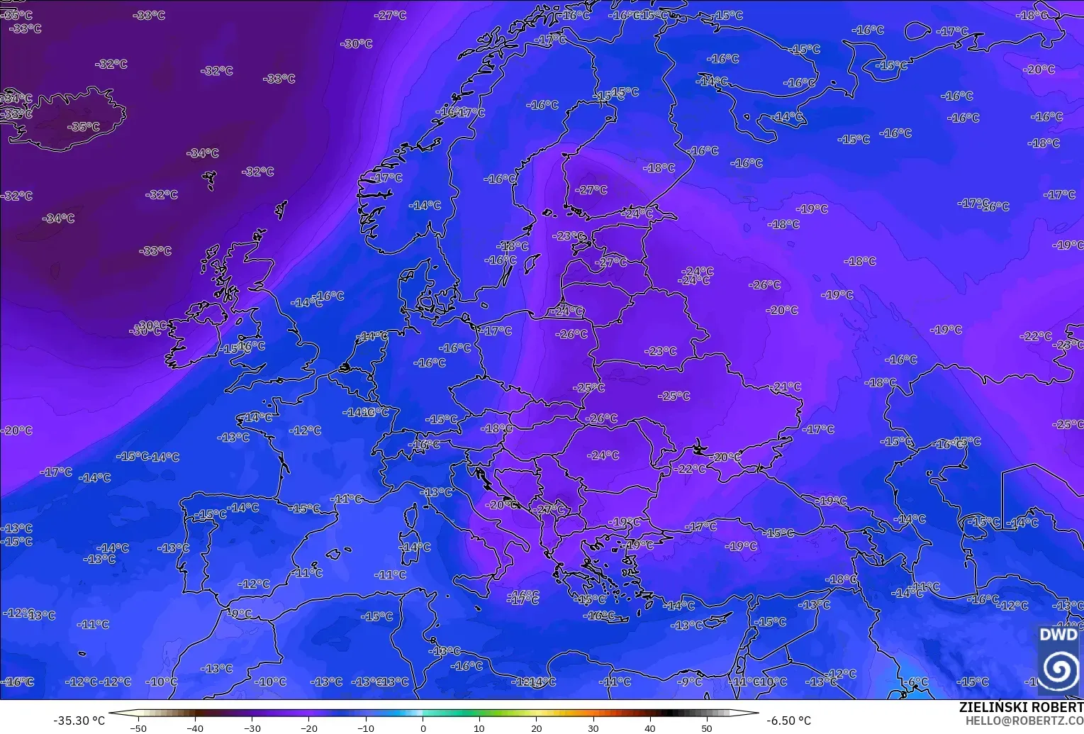 ICON model - Europe, Temperature at 500hPa