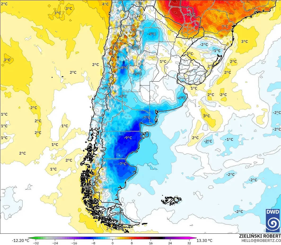 ICON model - Argentina, Temperature at 2m Anomaly