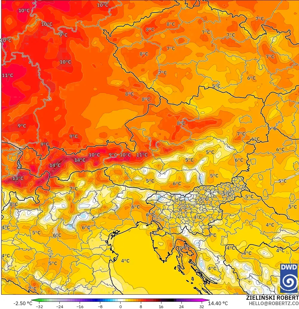 ICON model - Austria, Temperature at 2m Anomaly