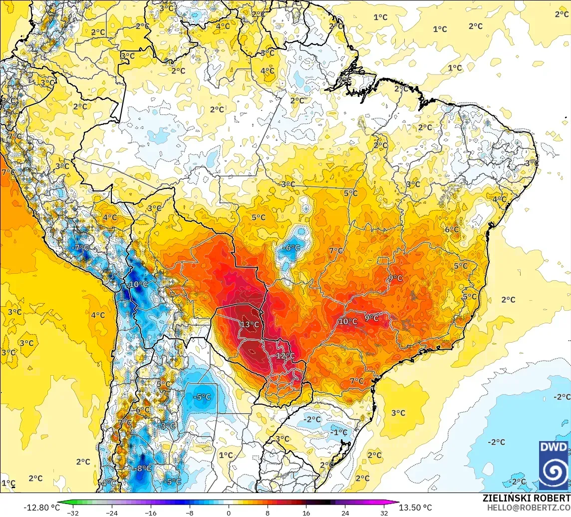 ICON model - Brazil, Temperature at 2m Anomaly