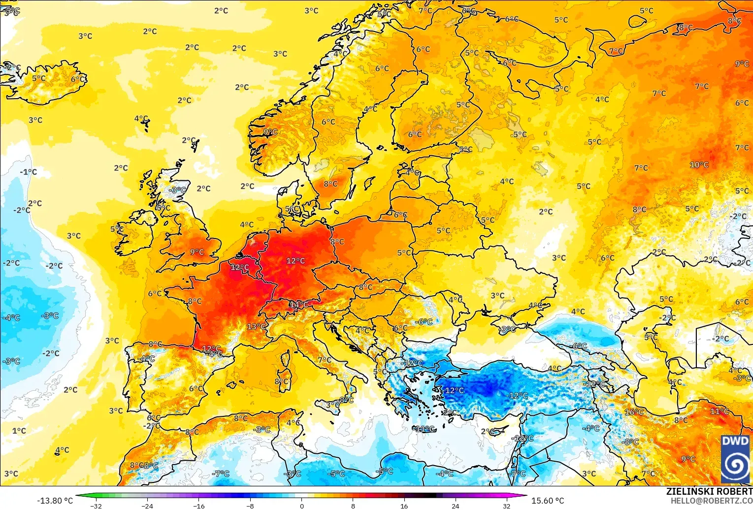 ICON model - Europe, Temperature at 2m Anomaly