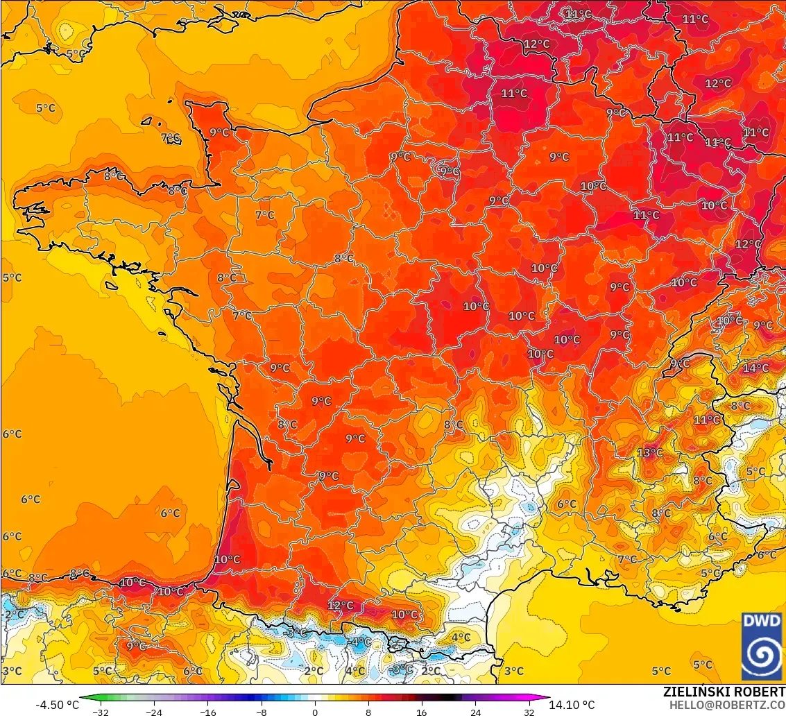 ICON model - France, Temperature at 2m Anomaly