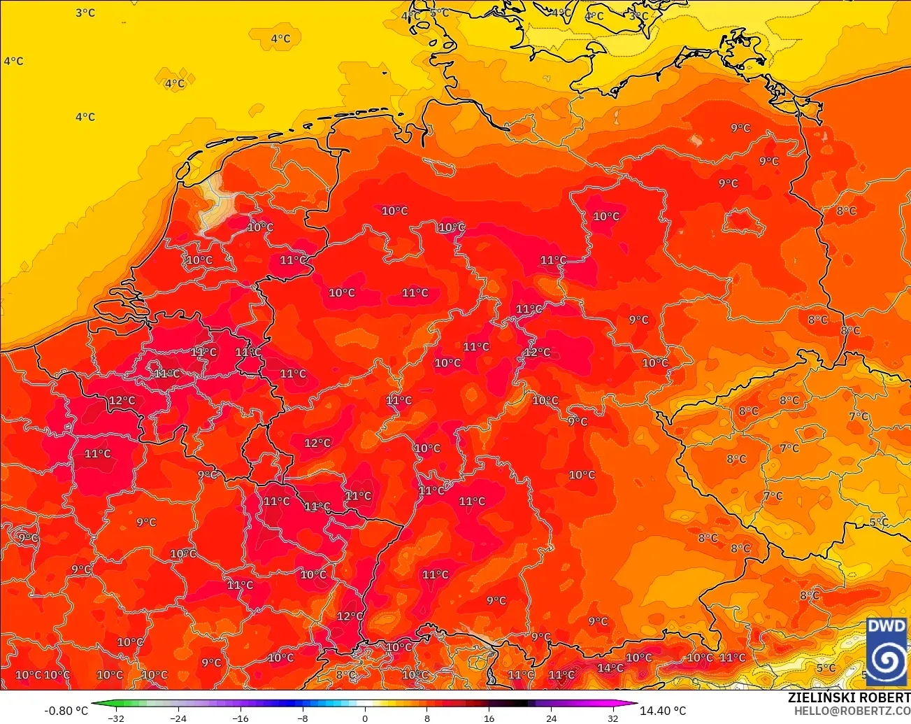 ICON model - Germany, Temperature at 2m Anomaly