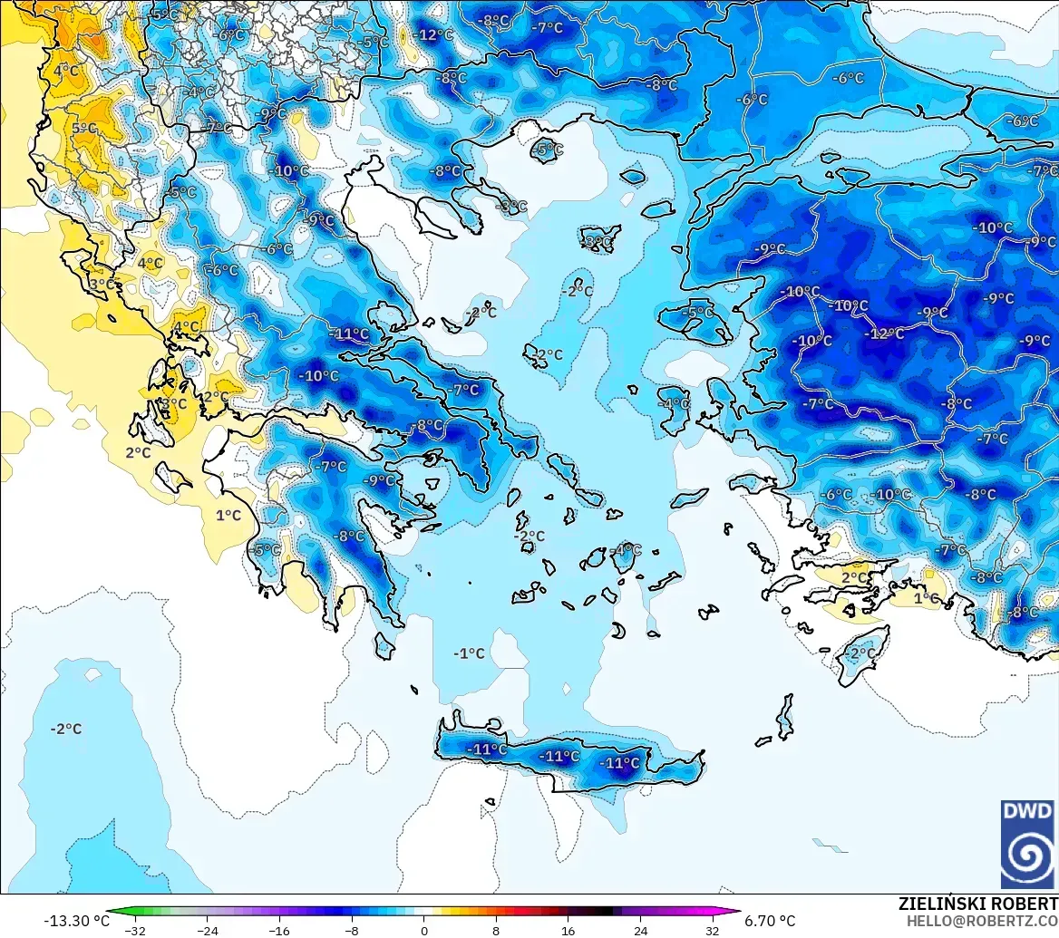 ICON model - Greece, Temperature at 2m Anomaly
