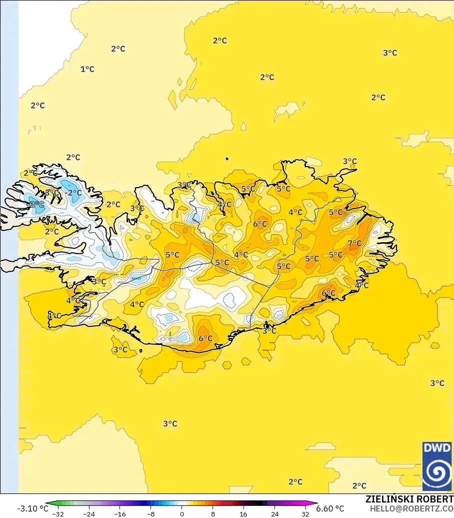 ICON model - Iceland, Temperature at 2m Anomaly