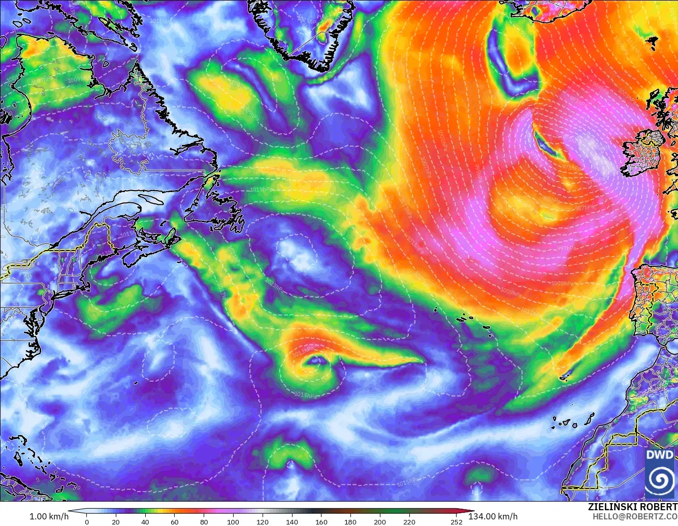 ICON model - North Atlantic, Wind Gusts Peak