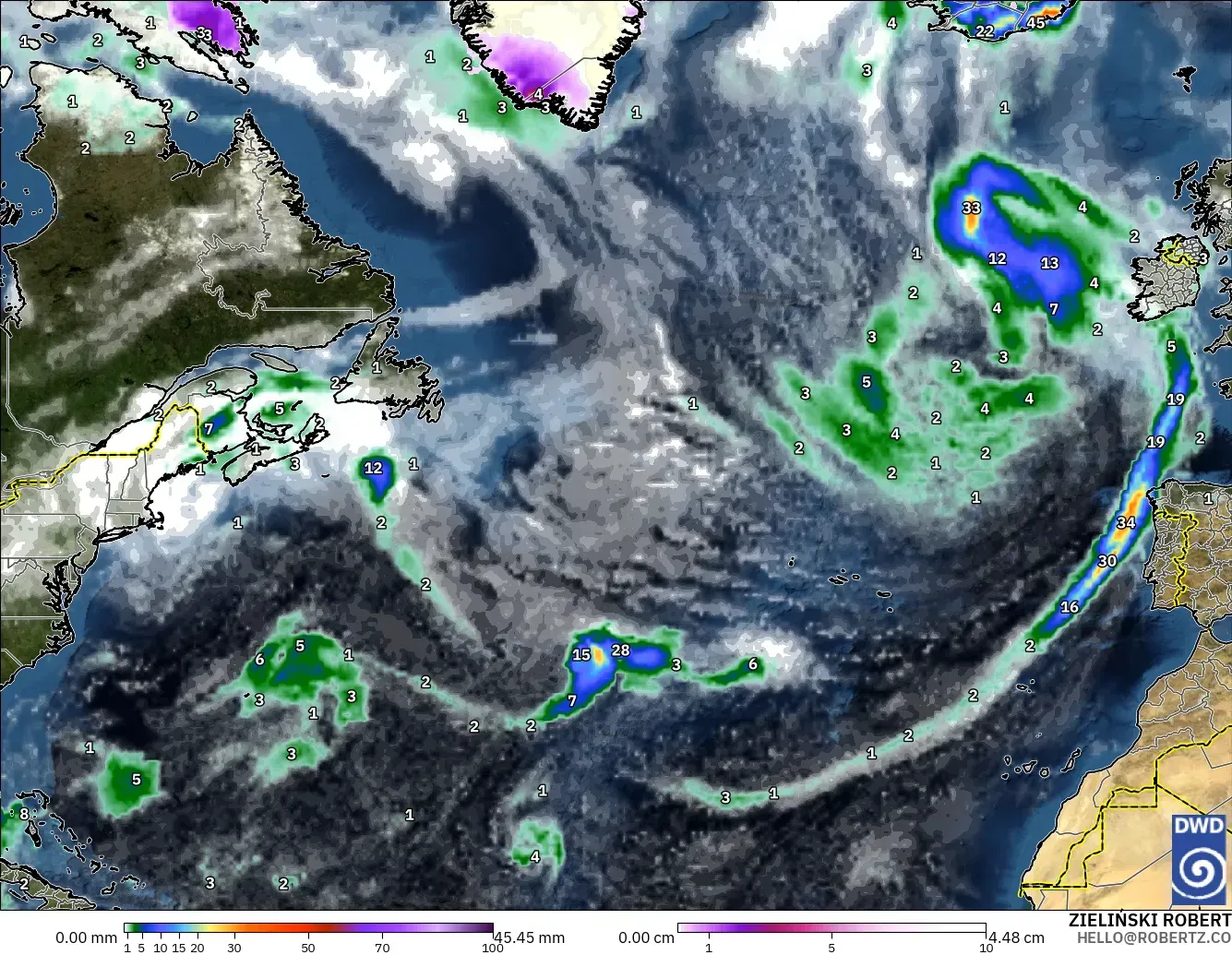 ICON model - North Atlantic, Precipitation, Clouds, and Pressure
