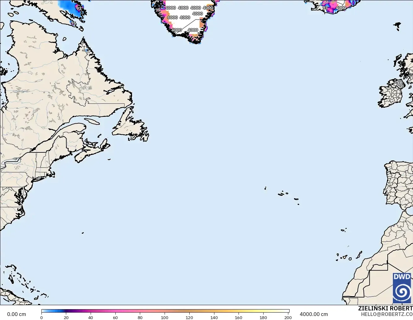 ICON model - North Atlantic, Snow Depth
