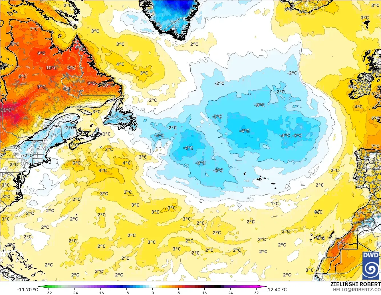 ICON model - North Atlantic, Temperature at 2m Anomaly