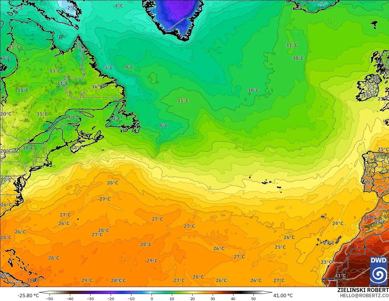 ICON model - North Atlantic, Temperature at 2m