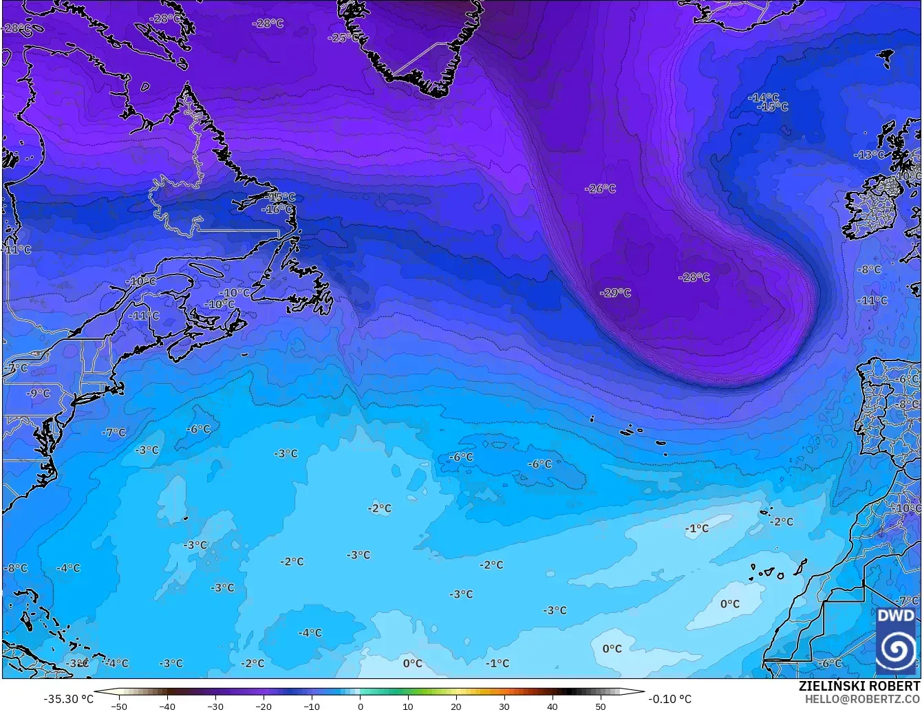 ICON model - North Atlantic, Temperature at 500hPa