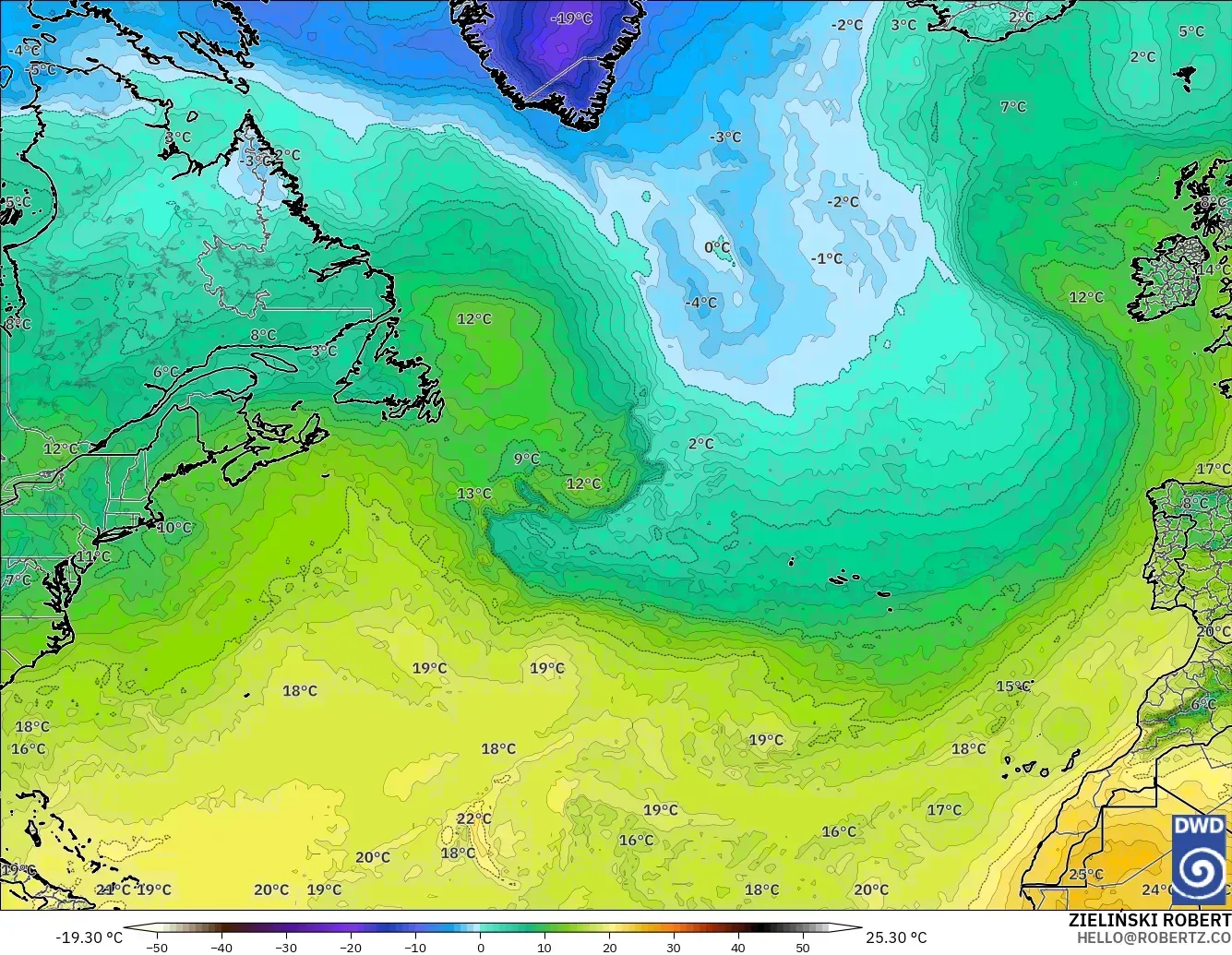 ICON model - North Atlantic, Temperature at 850hPa